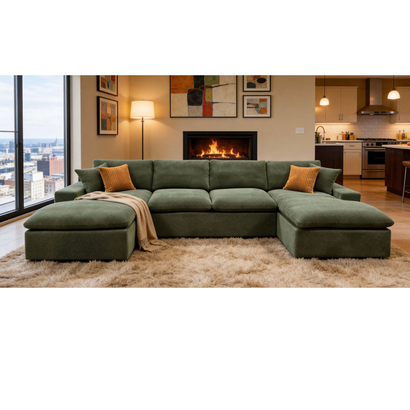 Dark green U-shaped sectional sofa with chaise chaise-style ottoman and two throw pillows