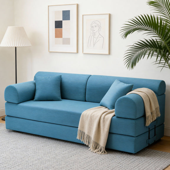 Blue convertible sleeper sofa bed with rounded arms, three cushions, and throw blanket