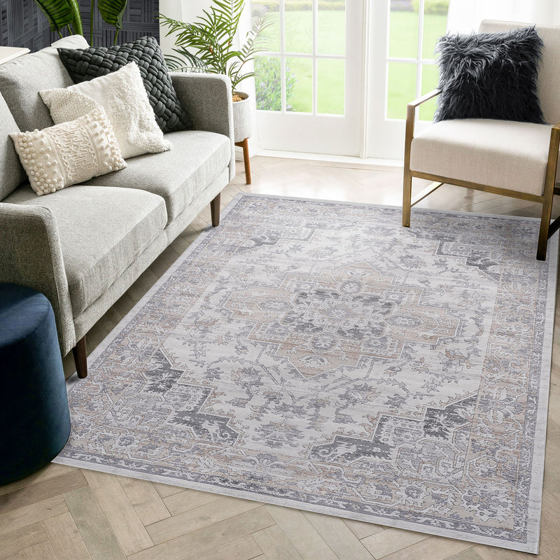Light ivory oriental area rug with vintage geometric and scroll pattern, rectangular