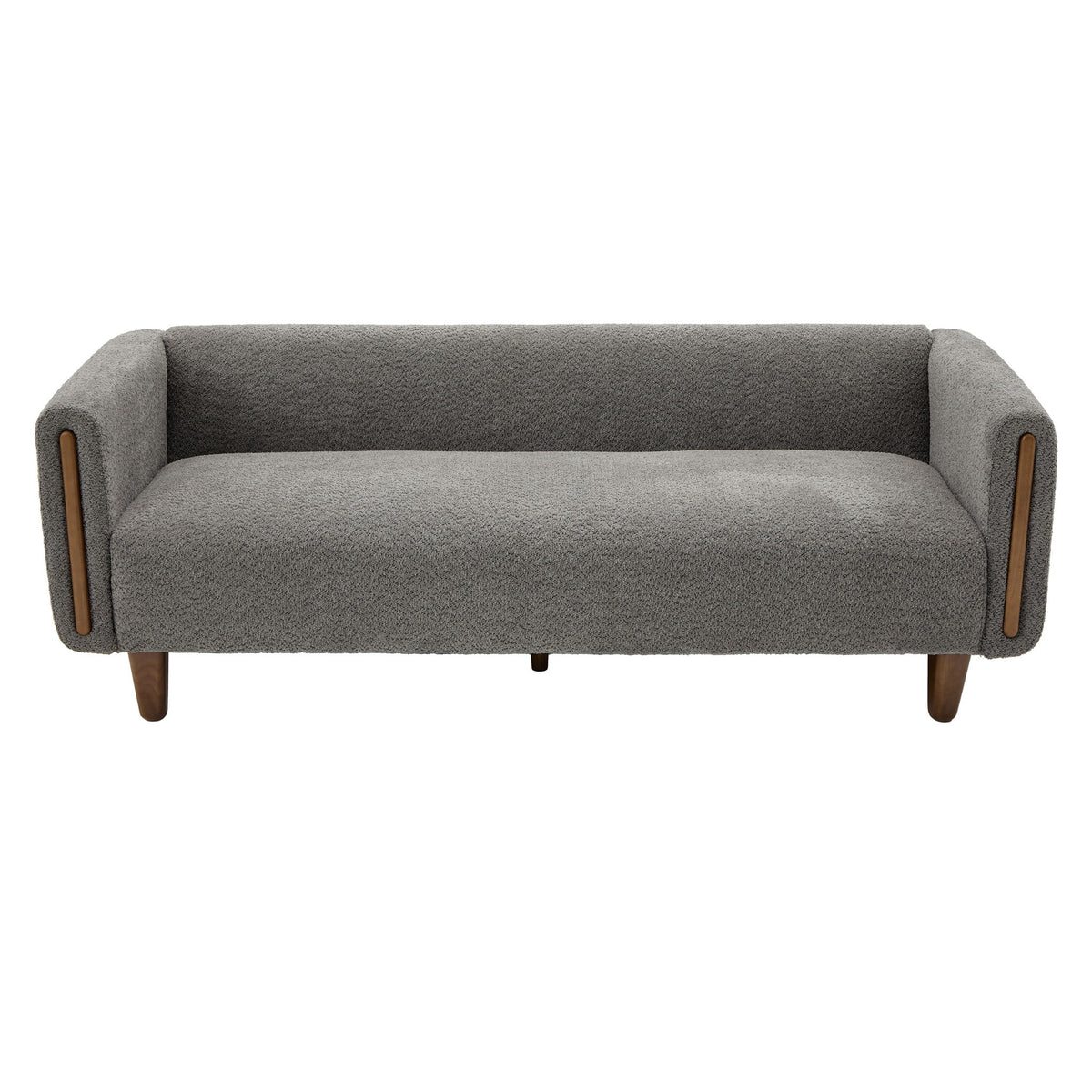 Dark gray 3-seater sofa with rounded arms, wood legs, and upholstered seat/back.