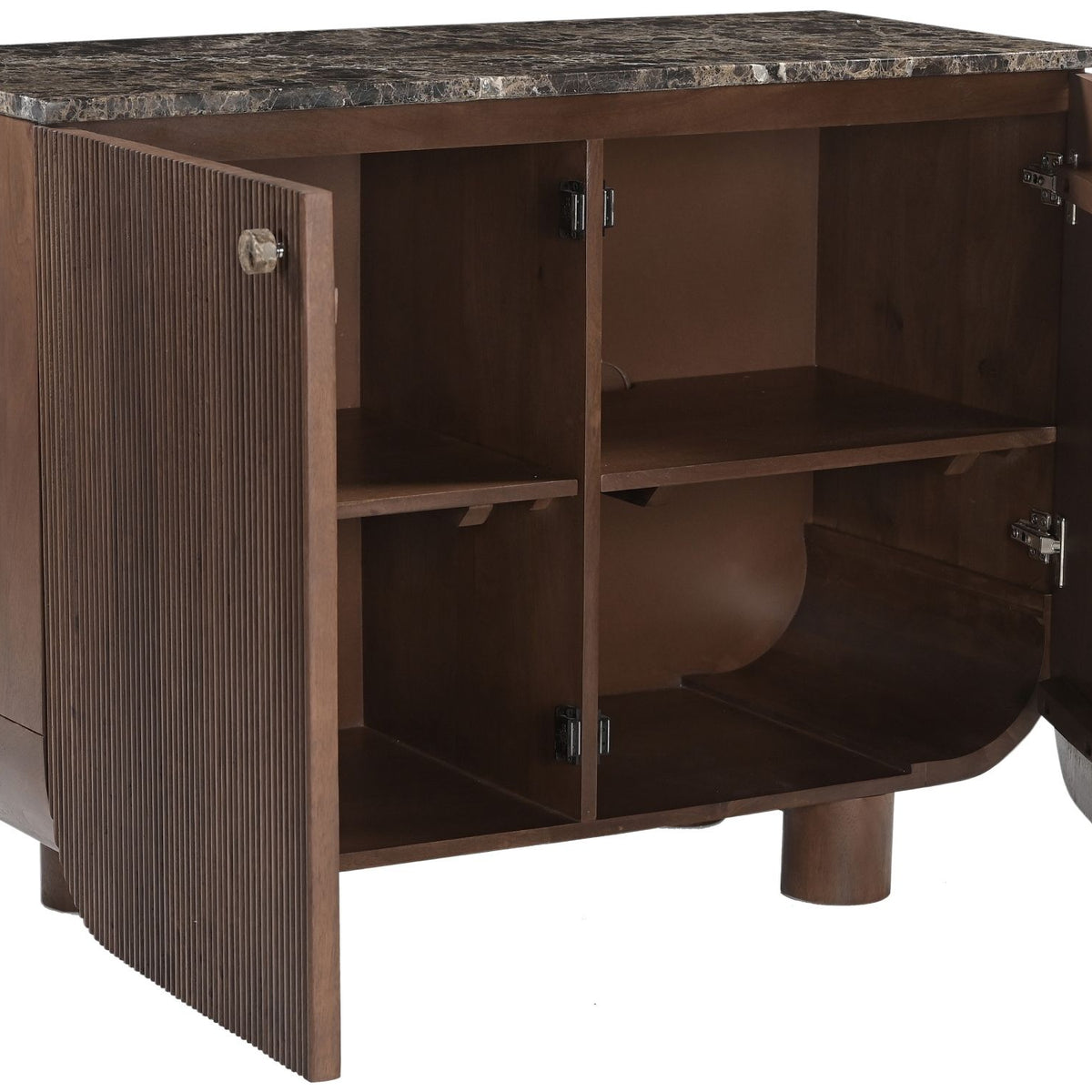 Mango wood sideboard with open two-door storage and interior shelves