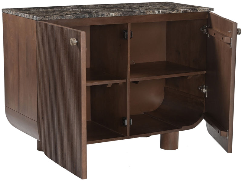 Mango wood sideboard with open two-door storage and interior shelves