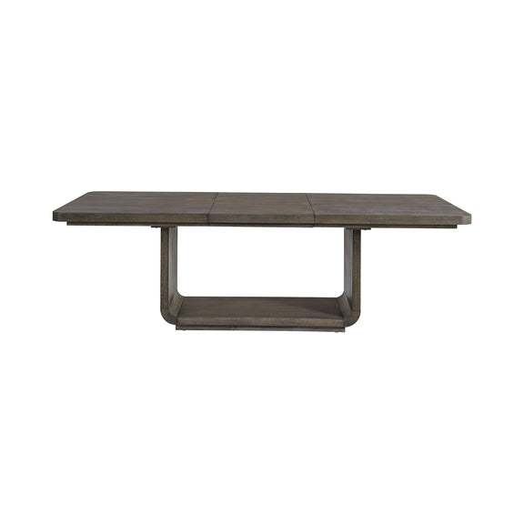 Rectangular dining table with center leaf seam, dark gray tabletop, pedestal base