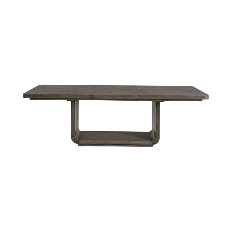 Rectangular dining table with center leaf seam, dark gray tabletop, pedestal base