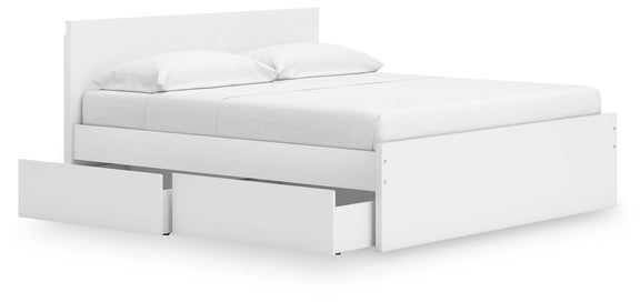 White panel platform bed with headboard and open under-bed platform space