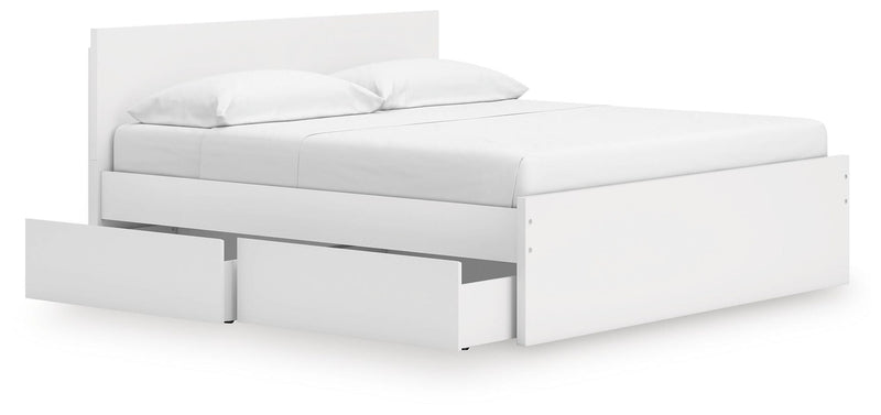 White panel platform bed with headboard and open under-bed platform space