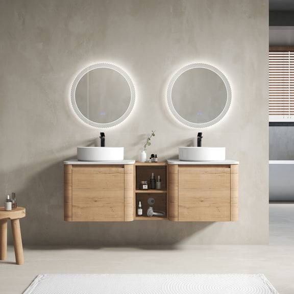 Wall-mounted bathroom vanity with two white art sinks, soft-close door, open shelf, mirrors