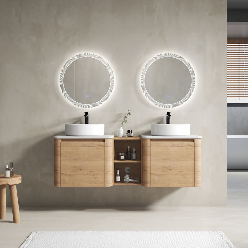 Wall-mounted bathroom vanity with two white art sinks, soft-close door, open shelf, mirrors