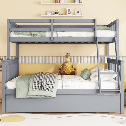 Twin Over Full Rubber Wood Bunk Bed with Trundle, Convertible Ladder and Guardrail, Detachable, Convertible Bed, with Twin Size Trundle, Grey