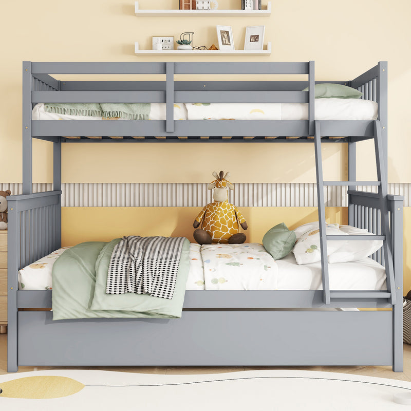 Twin Over Full Rubber Wood Bunk Bed with Trundle, Convertible Ladder and Guardrail, Detachable, Convertible Bed, with Twin Size Trundle, Grey