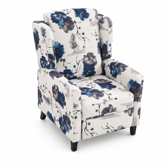 Blue floral wingback recliner chair with padded arms and cushioned seat, dark legs