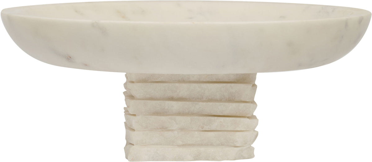 Genuine marble bowl with white stone basin and stacked pedestal base, smooth top.