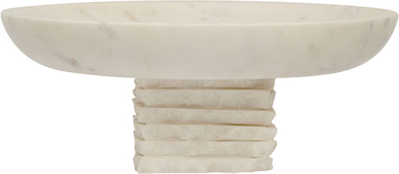 Genuine marble bowl with white stone basin and stacked pedestal base, smooth top.