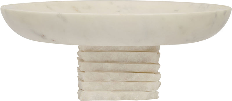 Genuine marble bowl with white stone basin and stacked pedestal base, smooth top.