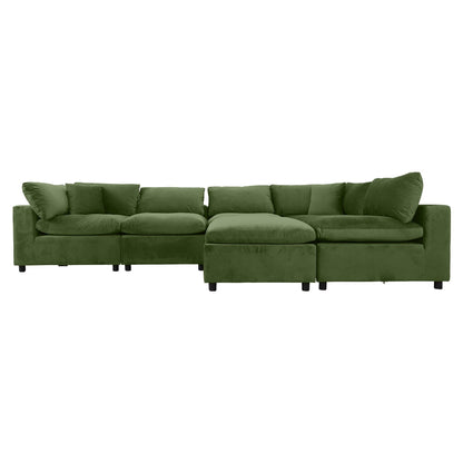Oversized modular sectional sofa in dark green with long chaise-style ottoman