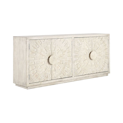 Cream sideboard with two textured doors and round embossed medallion handles