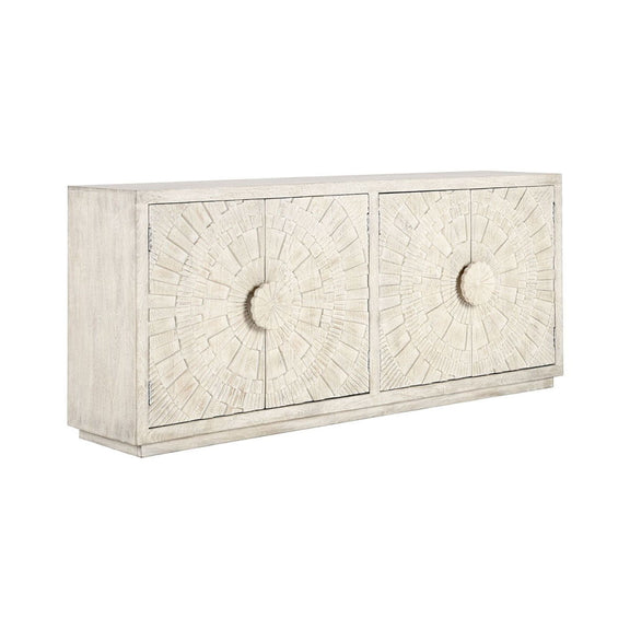 Cream sideboard with two textured doors and round embossed medallion handles