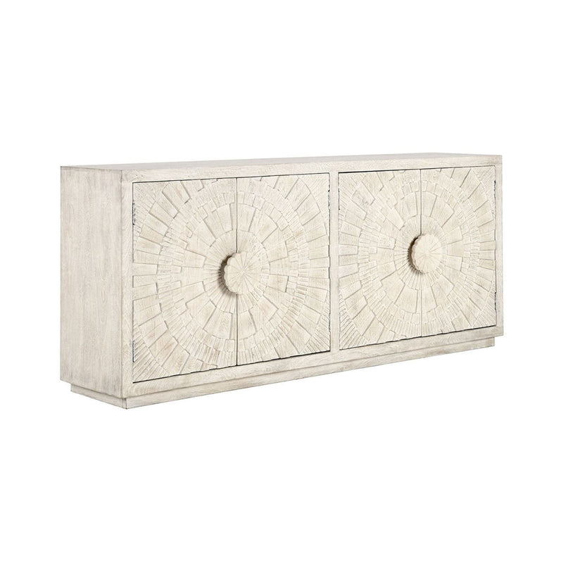 Cream sideboard with two textured doors and round embossed medallion handles