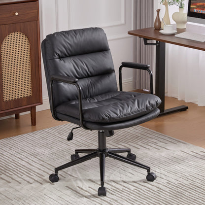 Office Chair,Mid Back Home Office Desk Task Chair with Wheels and Arms Ergonomic PU Leather Computer Rolling Swivel Chair with Padded Armrest,The back of the chair can recline 40° (Black),SW1741BK