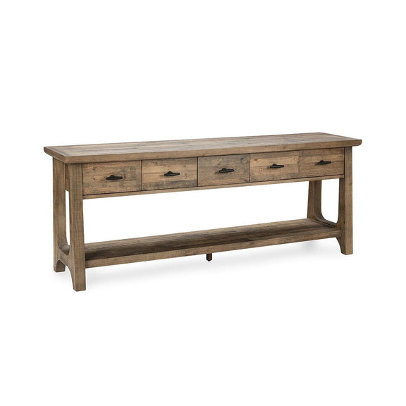 Console table in natural pine with six drawers, black hardware, and open lower shelf.
