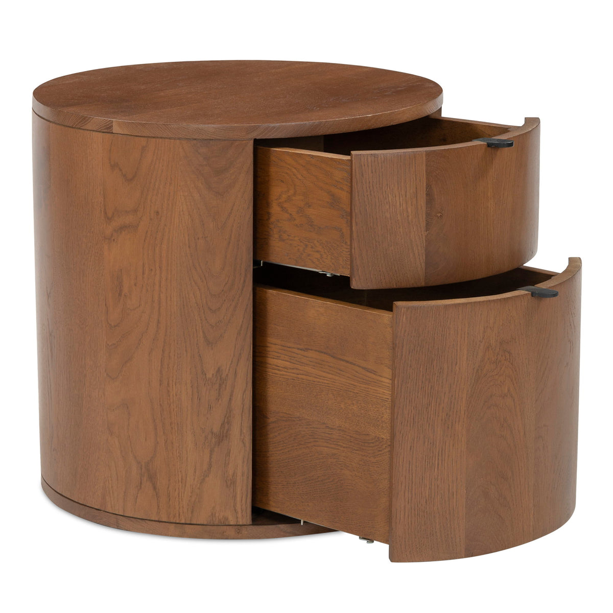 Brown circular nightstand with two sliding drawers, open top-front view