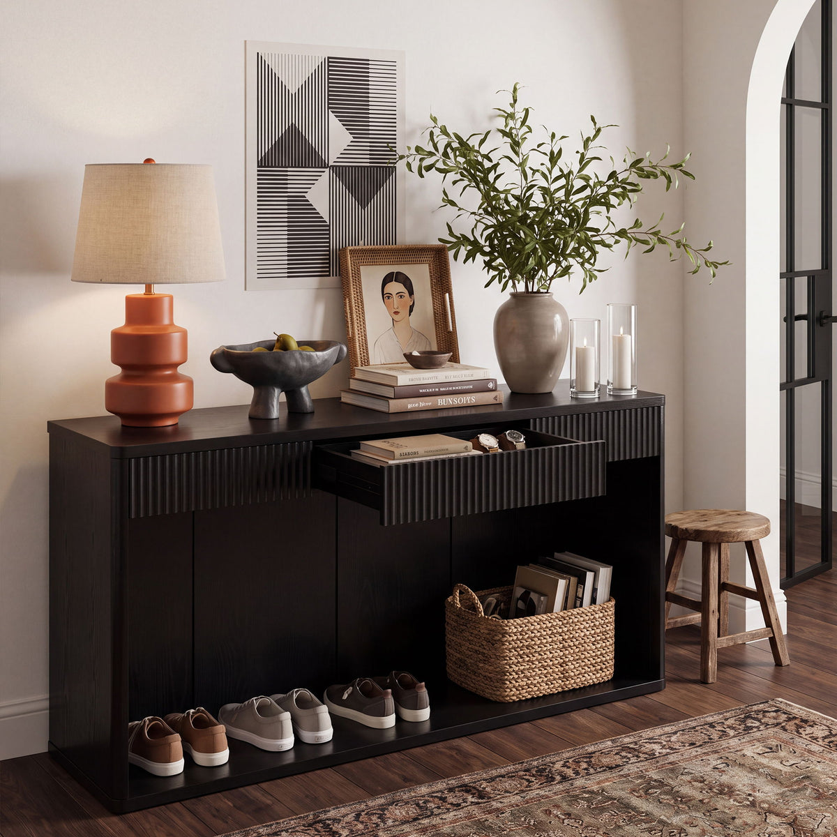 Fluted Console Table With 3 Drawers, Long Sofa Table Behind Couch For Living Room - Black