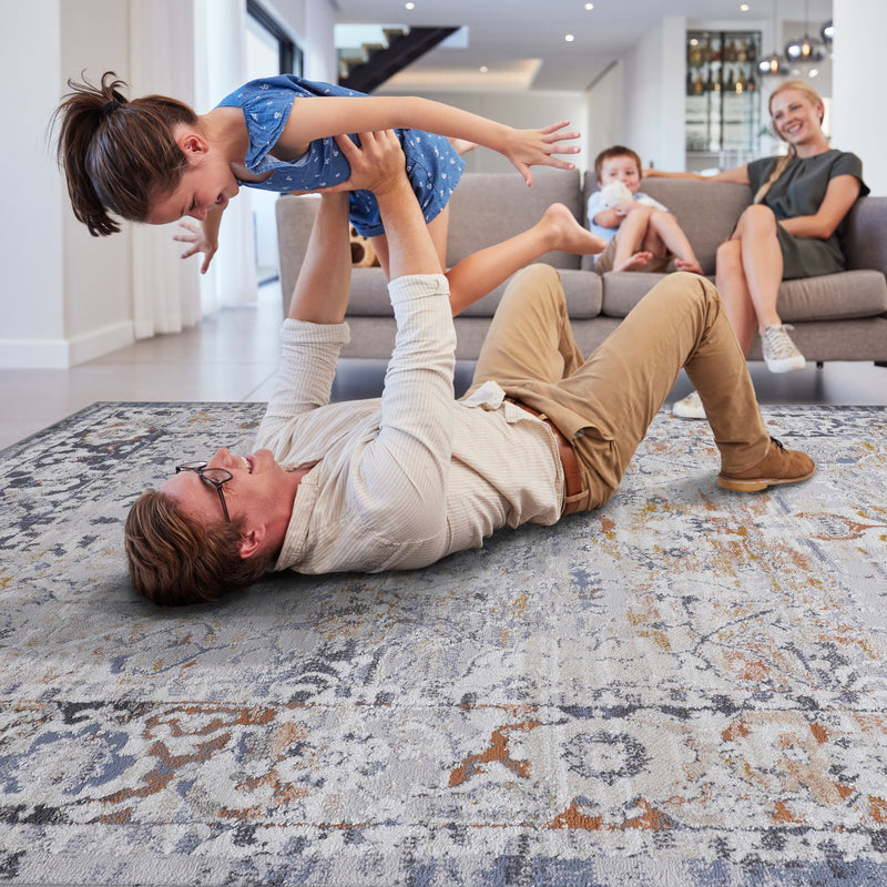 Traditional area rug, light ivory and gray-blue distressed design, visible on living room floor.