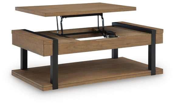 Light brown coffee table with black legs, open lift-top and inner storage space.