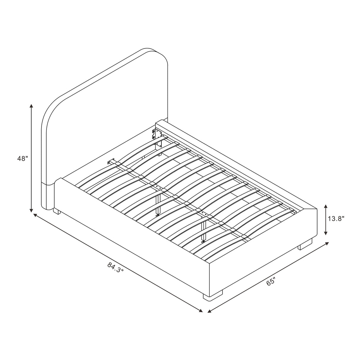 Upholstered bed frame with rounded headboard and slatted base, measurement diagram view
