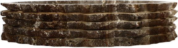 Genuine marble bowl, dark brown marble with stacked rings and chipped edges
