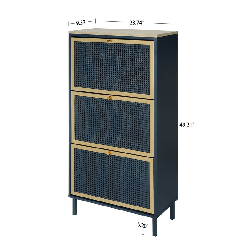 Modern Rattan 3 Door Shoe Rack Cabinet For Entryway