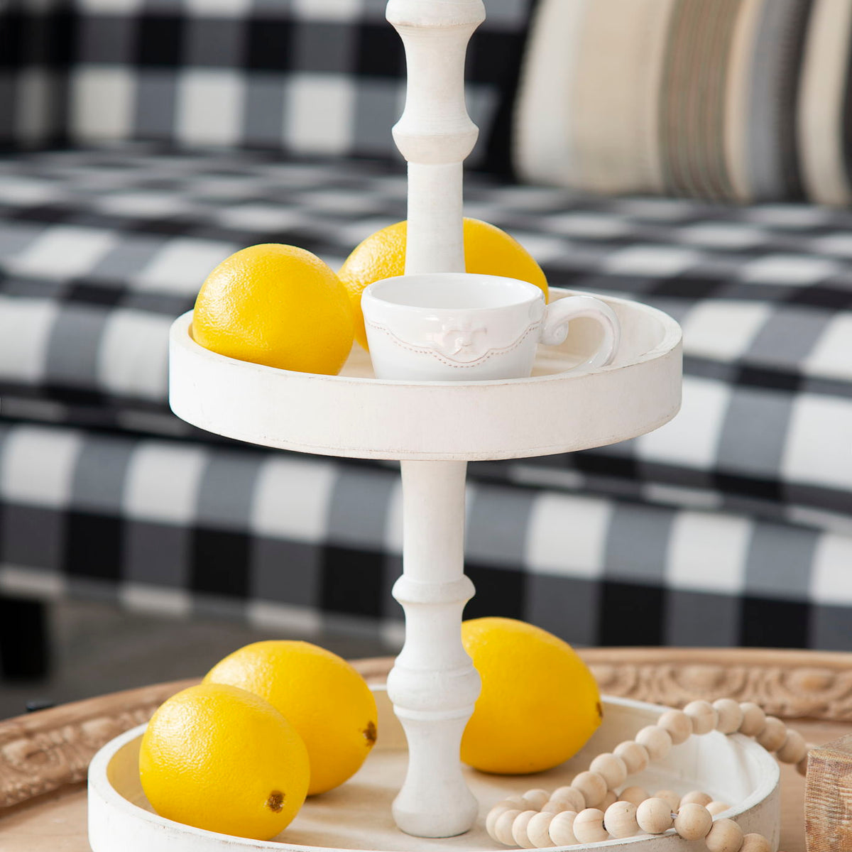 Two Tiered Round Wooden Tray - White