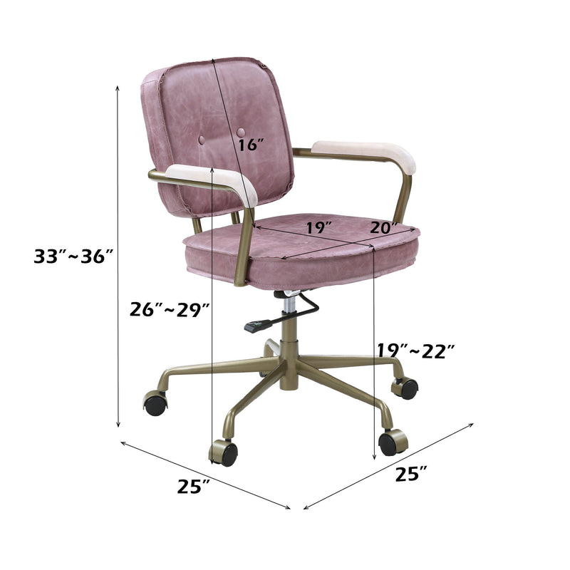 Pink office chair with labeled size measurements and rolling casters.