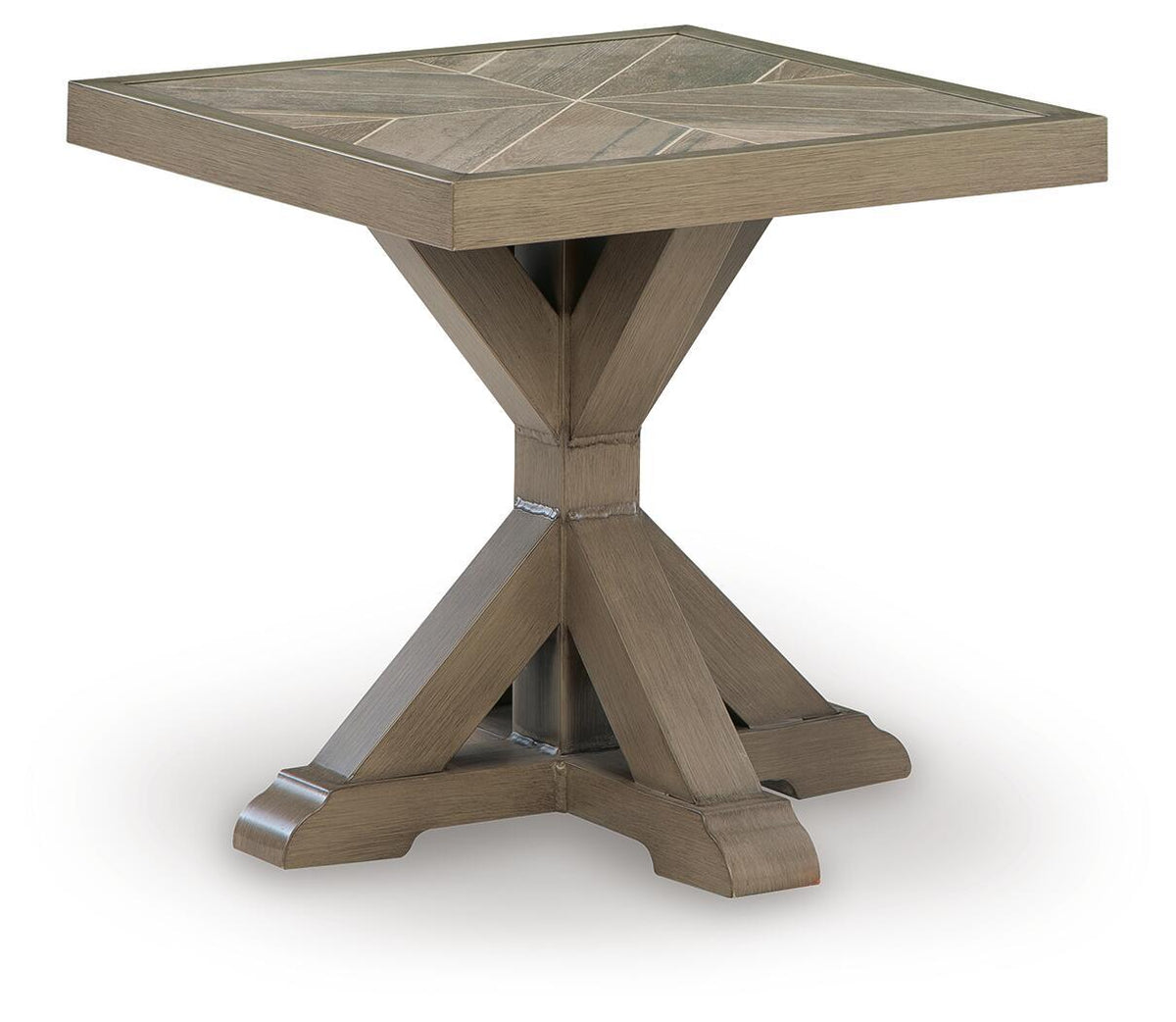 Beige square end table with square top and flared cross-leg base