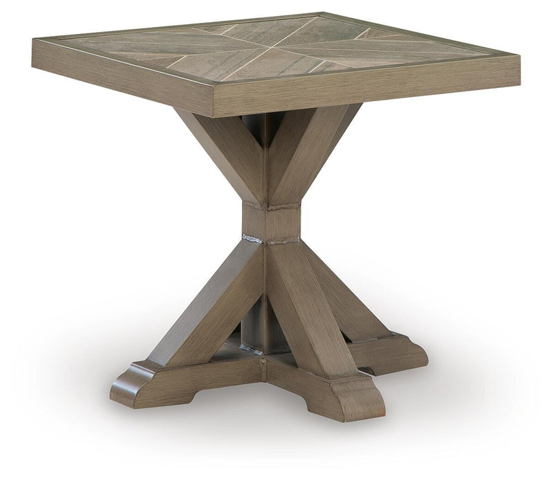 Beige square end table with square top and flared cross-leg base