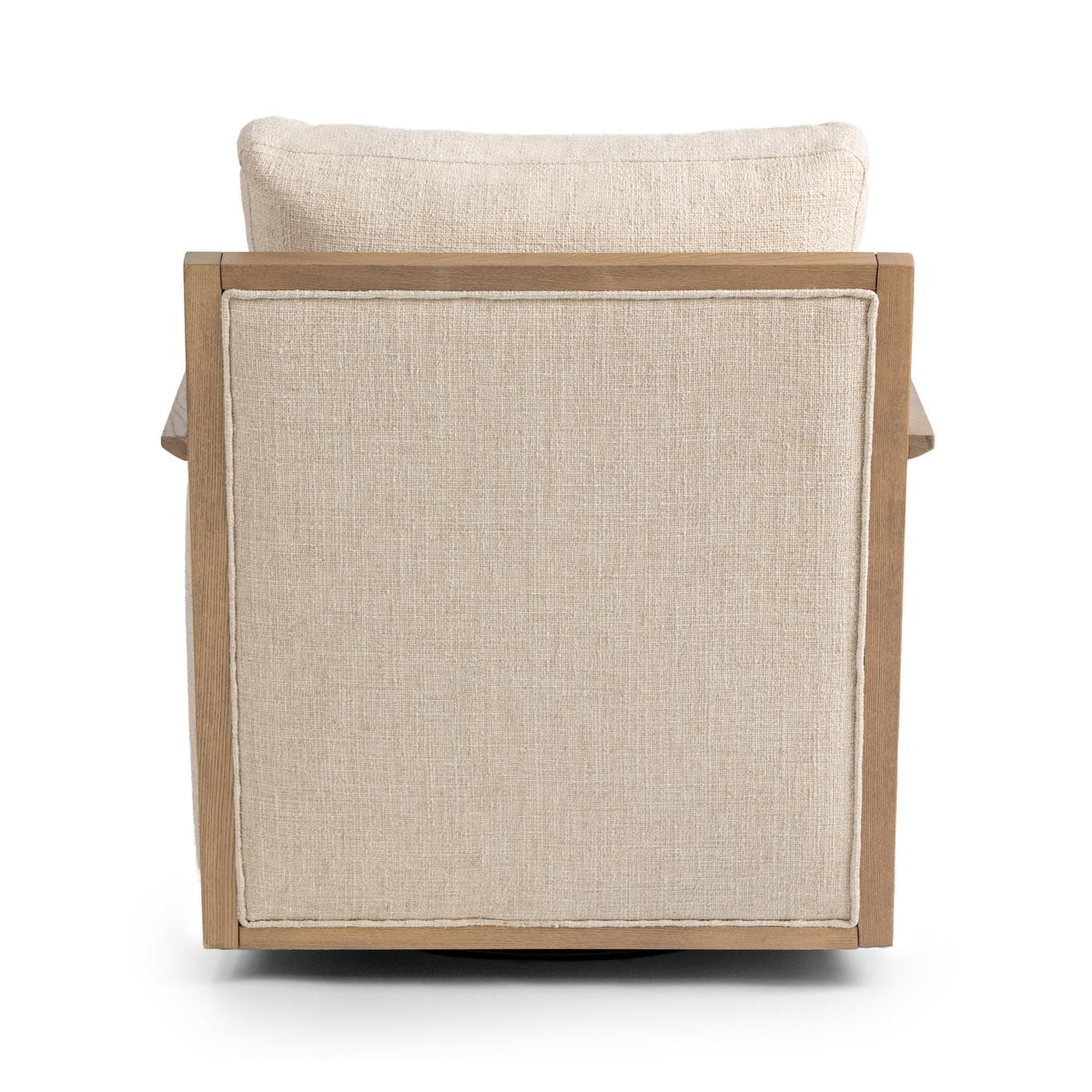 Natural linen accent chair back view with square upholstered panel and light wood arms