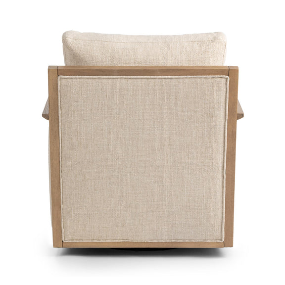 Natural linen accent chair back view with square upholstered panel and light wood arms