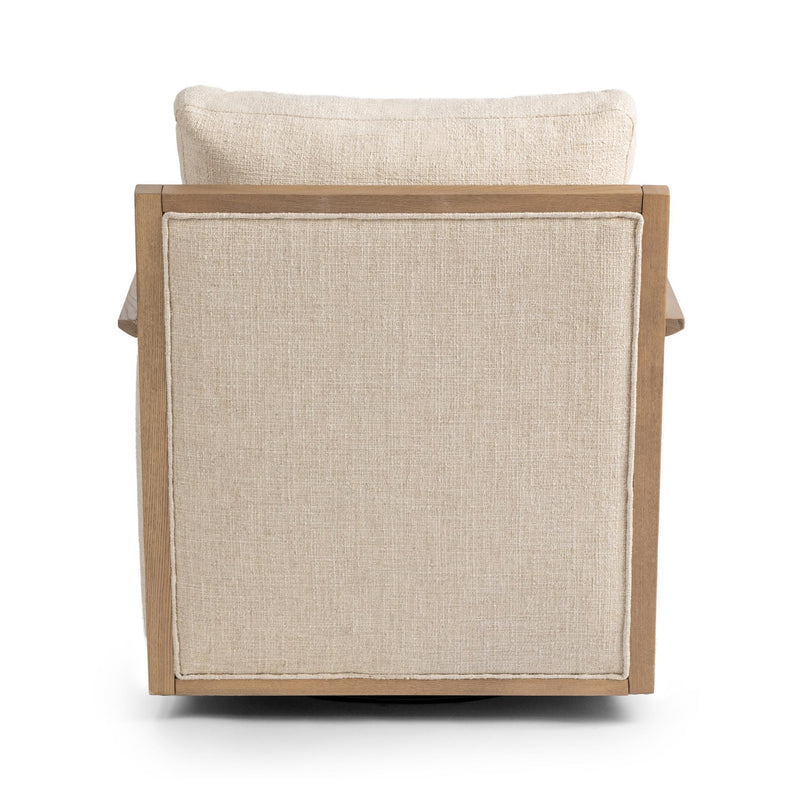 Natural linen accent chair back view with square upholstered panel and light wood arms