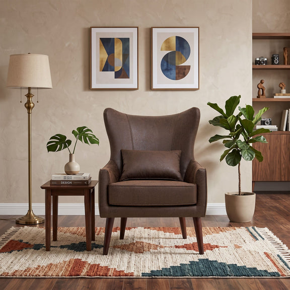 Curved-back lounge chair in brown fabric with plush backrest cushion and tapered legs.