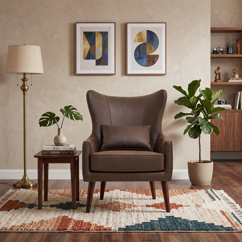 Curved-back lounge chair in brown fabric with plush backrest cushion and tapered legs.
