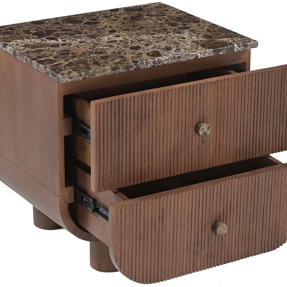 Mango wood nightstand with open drawers and speckled stone top, round knobs
