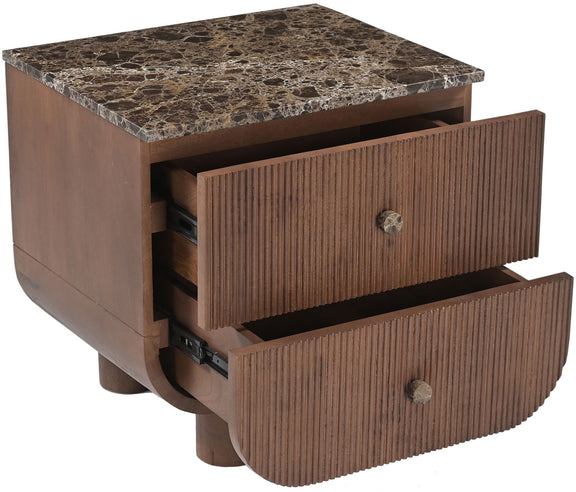 Mango wood nightstand with open drawers and speckled stone top, round knobs