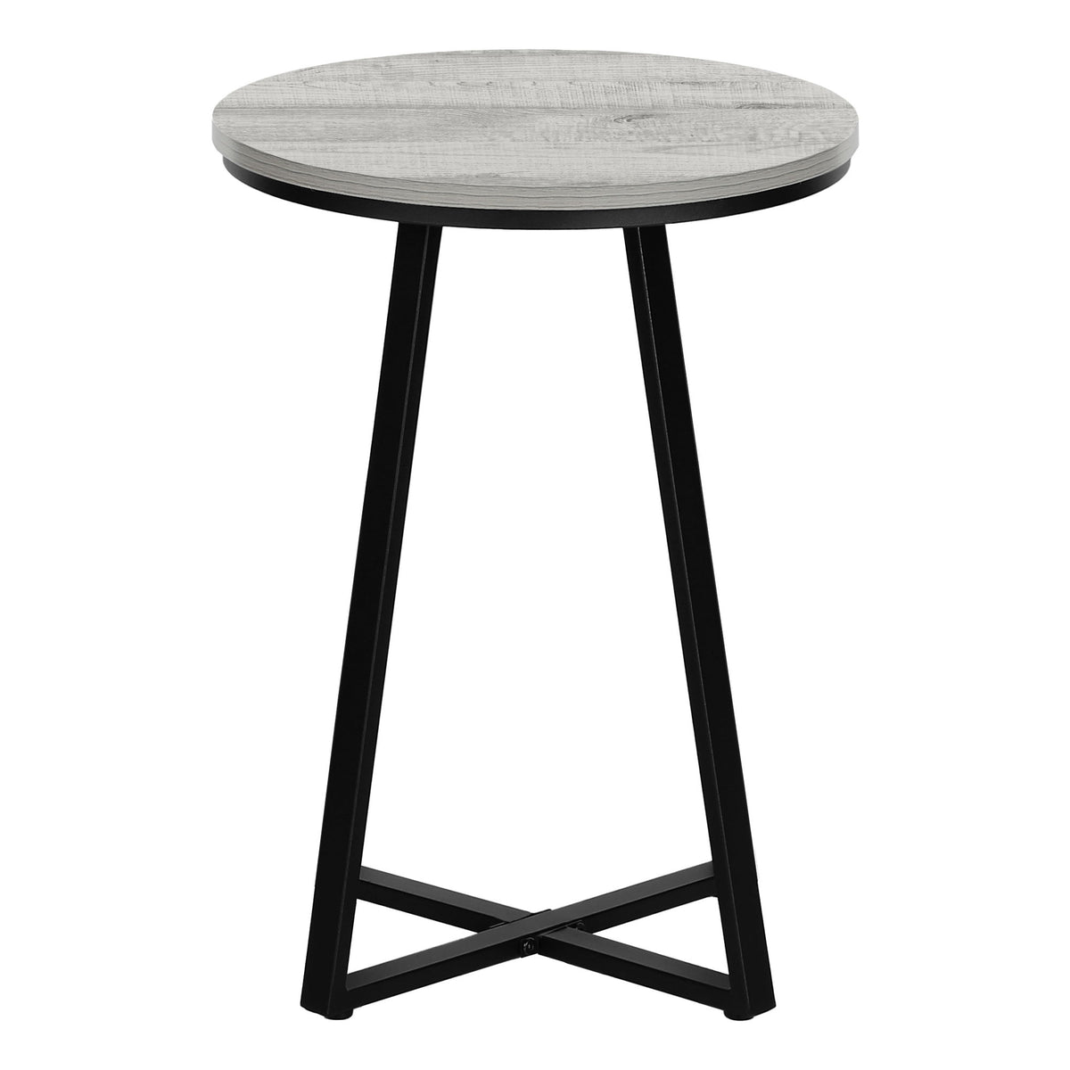 Light gray round accent side table with black tapered legs and angled cross-brace