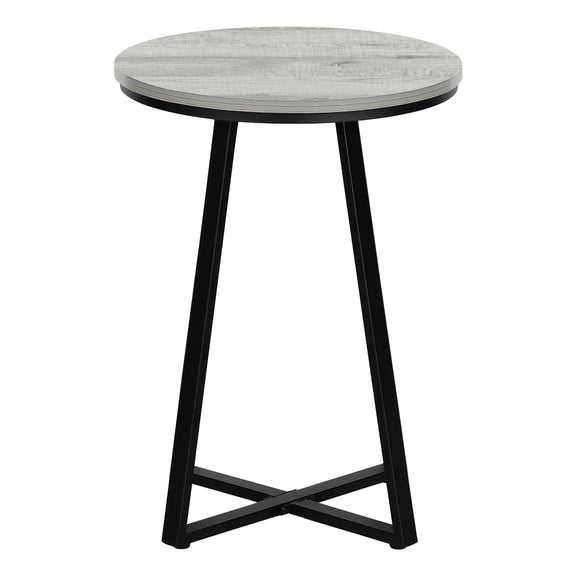 Light gray round accent side table with black tapered legs and angled cross-brace