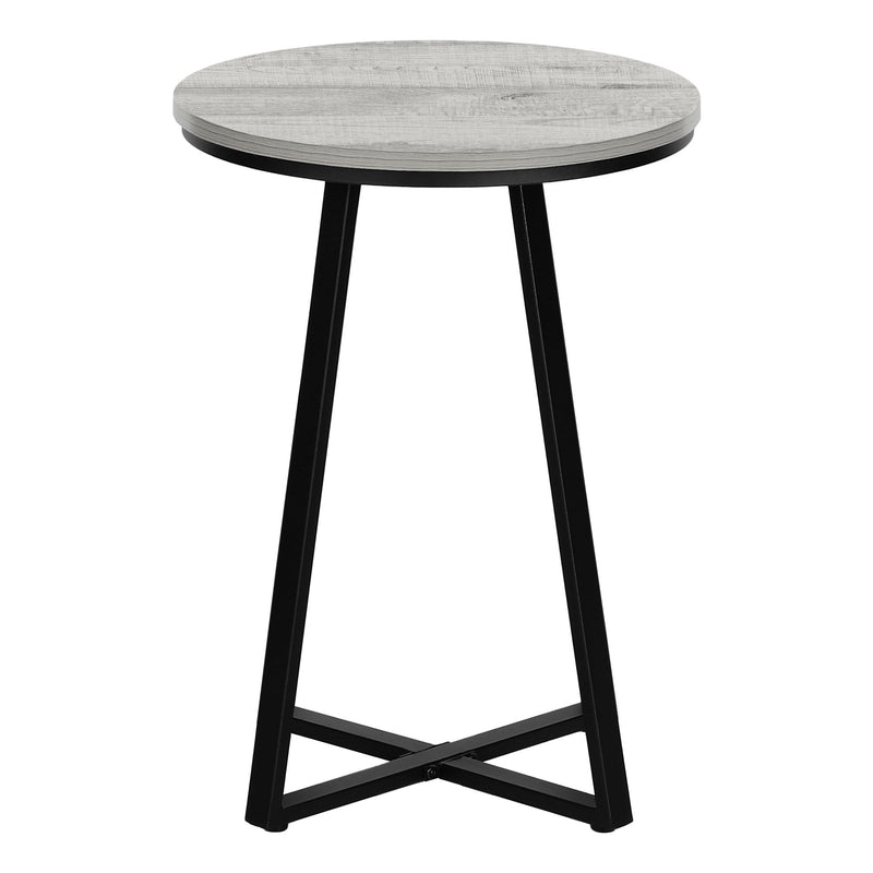 Light gray round accent side table with black tapered legs and angled cross-brace