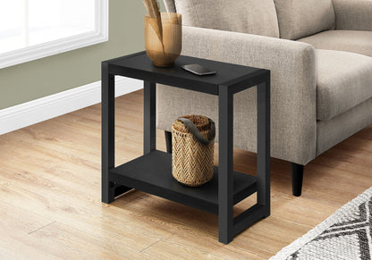 Black 2-tier narrow side table with open shelves and sturdy rectangular frame