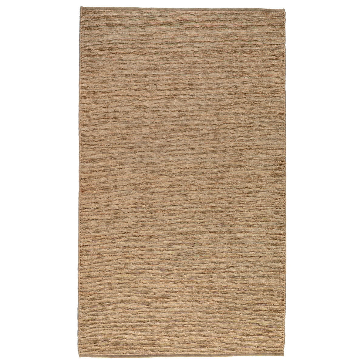 Natural tan jute rug, simple flatwoven field with straight fringe trim.