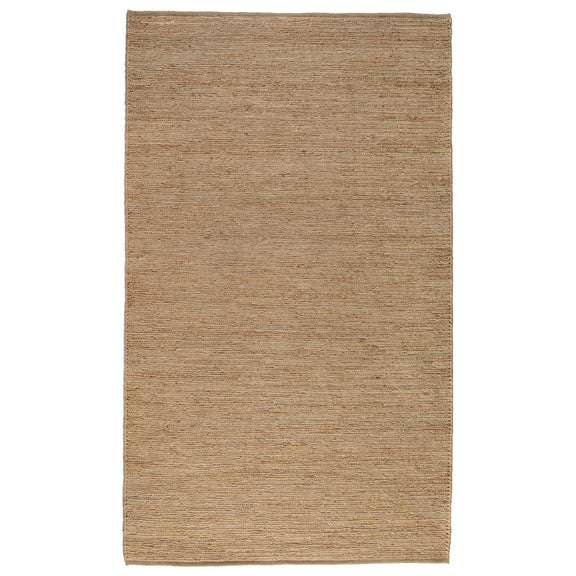Natural tan jute rug, simple flatwoven field with straight fringe trim.
