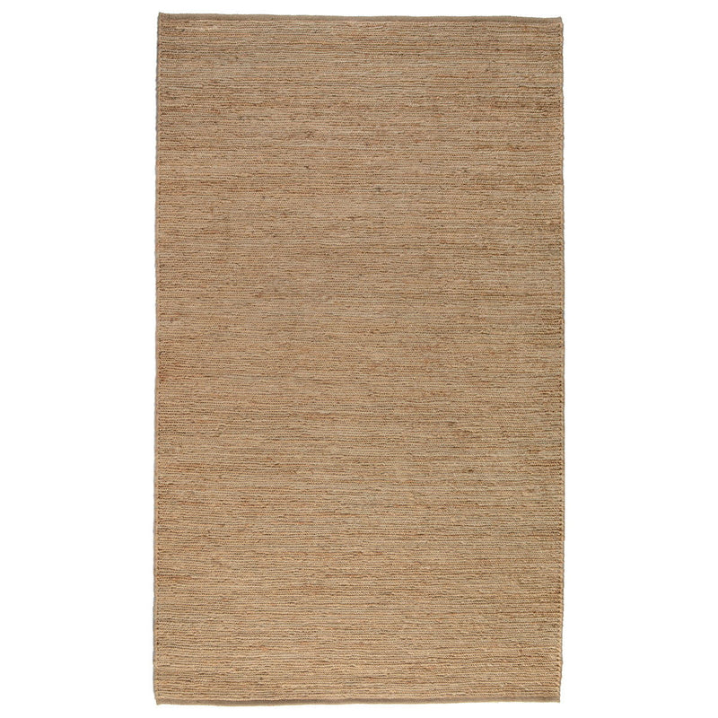 Natural tan jute rug, simple flatwoven field with straight fringe trim.