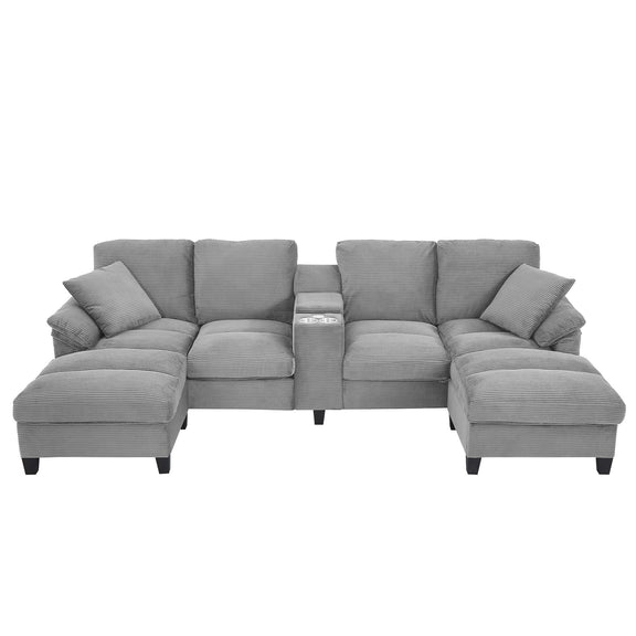 Gray U-shaped sectional sofa with storage ottomans and thick seat cushions